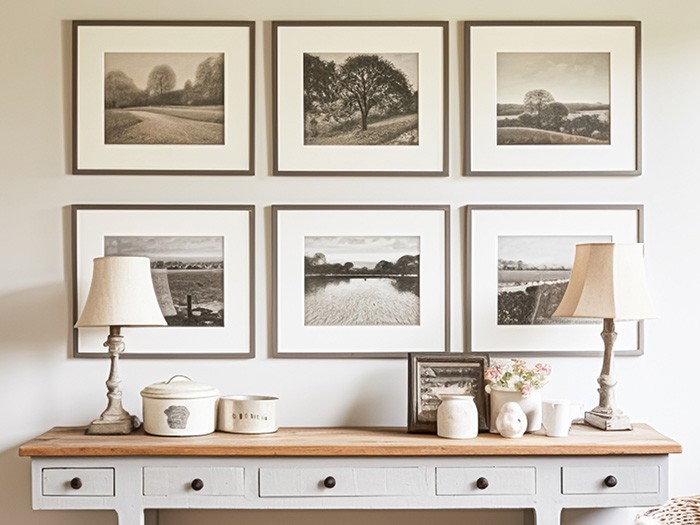 Wall featuring framed photos.